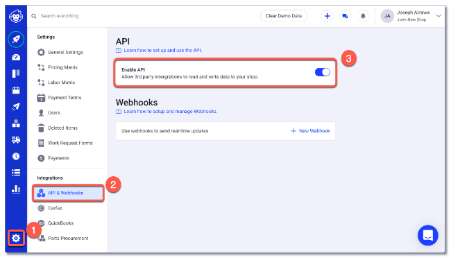 You can connect to Shopmonkey using a Public and Private API Key. To enable it, go to Settings, API & Webhooks, Enable API and toggle on the setting.